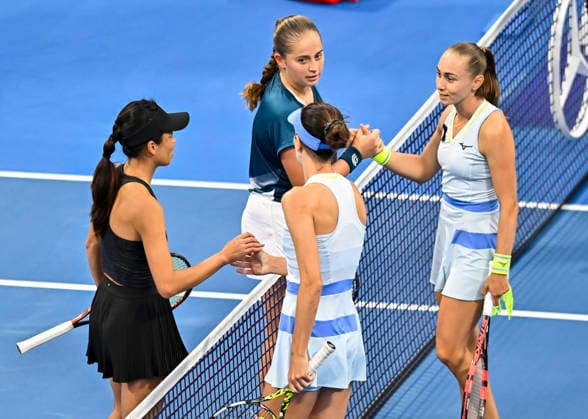 February 14, 2026, Doha, Qatar: Anna Danilina of Kazakhstan, Aleksandra Krunic of Serbia, Su-Wei Hsieh of Chinese Taipei and Jelena Ostapenko of Latvia handshake after the women™s doubles final match at the WTA, Tennis Damen Qatar TotalEnergies Open 2026 tennis tournament at the Khalifa International Tennis Complex. Anna Danilina Aleksandra Krunic won against Su-Wei Hsieh Jelena Ostapenko 0-6,6-4,10-8. 2026 Qatar TotalEnergies Open - Women s Doubles Final Match In Doha, Qatar - 14 Feb 2026  - ZUMAs197 20260214_aaa_s197_250 Copyright: xNoushadxVariyattiyakkalx
