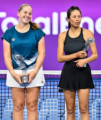 February 14, 2026, Doha, Qatar: Runners-up Su-Wei Hsieh (R) of Chinese Taipei and Jelena Ostapenko ( L) of Latvia pose with their runners-up trophies after their women™s doubles final match against Anna Danilina of Kazakhstan and Aleksandra Krunic of Serbia at the WTA, Tennis Damen tournament at the Khalifa International Tennis Complex. Anna Danilina Aleksandra Krunic won against Su-Wei Hsieh Jelena Ostapenko 0-6,6-4,10-8. 2026 Qatar TotalEnergies Open - Women s Doubles Final Match In Doha, Qatar - 14 Feb 2026  - ZUMAs197 20260214_aaa_s197_252 Copyright: xNoushadxVariyattiyakkalx