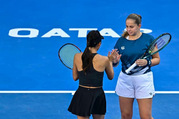 February 14, 2026, Doha, Qatar: Su-Wei Hsieh (L) of Chinese Taipei and Jelena Ostapenko (R) of Latvia celebrate a point against Anna Danilina of Kazakhstan and Aleksandra Krunic of Serbia (not in view) during their women™s doubles final match at the WTA, Tennis Damen Qatar TotalEnergies Open 2026 tennis tournament at the Khalifa International Tennis Complex. Anna Danilina Aleksandra Krunic won against Su-Wei Hsieh Jelena Ostapenko 0-6,6-4,10-8. Doha Qatar - ZUMAs197 20260214_aaa_s197_244 Copyright: xNoushadxVariyattiyakkalx