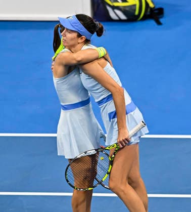 February 14, 2026, Doha, Qatar: Anna Danilina (R) of Kazakhstan and Aleksandra Krunic (L) of Serbia celebrate after winning against Su-Wei Hsieh of Chinese Taipei and Jelena Ostapenko of Latvia (not in view) during their women™s doubles final match at the WTA, Tennis Damen Qatar TotalEnergies Open 2026 tennis tournament at the Khalifa International Tennis Complex. Anna Danilina Aleksandra Krunic won against Su-Wei Hsieh Jelena Ostapenko 0-6,6-4,10-8. Doha Qatar - ZUMAs197 20260214_aaa_s197_255 Copyright: xNoushadxVariyattiyakkalx