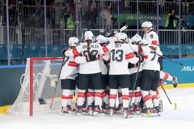 February 14, 2026, Milan, Lombardy, Italy: Team Switzerland celebrates their win over Team Finland in a women s Ice hockey, Eishockey quarterfinal during the Milano Cortina 2026 Olympic Winter games, Winterspiele,Spiele, Summer games at Milano Rho Ice Hockey Arena. Olympics 2026: Milano Cortina: Ice Hockey-Women Quarterfinal - FIN-SUI  - ZUMAm117 20260214_oly_m117_026 Copyright: xDavidxMcIntyrex