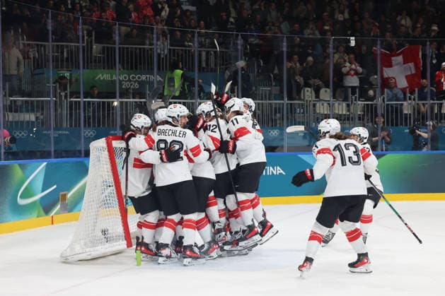 February 14, 2026, Milan, Lombardy, Italy: Team Switzerland celebrates their win over Team Finland in a women s Ice hockey, Eishockey quarterfinal during the Milano Cortina 2026 Olympic Winter games, Winterspiele,Spiele, Summer games at Milano Rho Ice Hockey Arena. Olympics 2026: Milano Cortina: Ice Hockey-Women Quarterfinal - FIN-SUI  - ZUMAm117 20260214_oly_m117_023 Copyright: xDavidxMcIntyrex