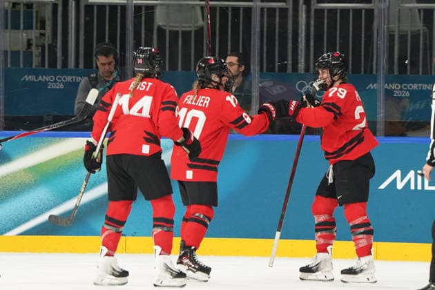 Milano Cortina, 2026 , Winter Olympic Games, Olympische Spiele, Olympia, OS Olympics, Winter-Olympische spiele 2026 , Eishockey Frauen, Finnland-Kanada ,vs Deutschland, Canada vs Germany Women , Playoffs Quarterfinals, Milano Rho Ice hockey, Eishockey Arena GRenata Fast, Sarah Fillier, Marie Philip Poulin, Canada, CAN Goal Celebration, Photocopyright Gladys Chai von der Laage *** Milano Cortina, 2026 , Winter Olympic Games, Olympics, Winter Olympics 2026 , Ice Hockey Women, Finland Canada , vs Germany, Canada vs Germany Women , Playoffs Quarterfinals, Milano Rho Ice Hockey Arena GRenata Fast, Sarah Fillier, Marie Philip Poulin, Canada, CAN Goal Celebration, Photocopyright Gladys Chai von der Laage