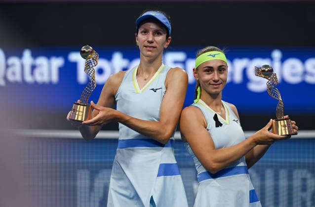 Qatar TotalEnergies Open 2026 - Doubles Final DOHA, QATAR FEBRUARY 14: Anna Danilina (L) of Kazakhstan and Aleksandra Krunic (R) of Serbia hold their trophies after defeating Su-Wei Hsieh of Chinese Taipei and Jelena Ostapenko of Latvia in the doubles final on Day Seven of the Qatar TotalEnergies Open, part of the Hologic WTA, Tennis Damen Tour, at the Khalifa International Tennis and Squash Complex on February 14, 2026 in Doha, Qatar. Doha Qatar  Copyright: xArturxWidakx originalFilename:widak-qatartot260214_nphJ6.jpg