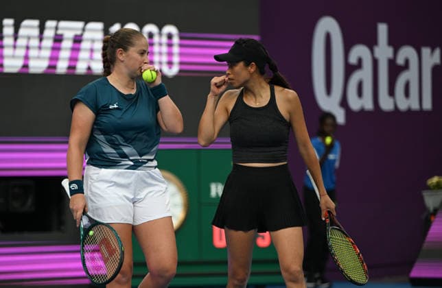 Qatar TotalEnergies Open 2026 - Doubles Final DOHA, QATAR FEBRUARY 14: Su-Wei Hsieh of Chinese Taipei and Jelena Ostapenko of Latvia compete against Anna Danilina of Kazakhstan and Aleksandra Krunic of Serbia in the doubles final on Day Seven of the Qatar TotalEnergies Open, part of the Hologic WTA, Tennis Damen Tour, at the Khalifa International Tennis and Squash Complex on February 14, 2026 in Doha, Qatar. Doha Qatar  Copyright: xArturxWidakx originalFilename:widak-qatartot260214_npvdO.jpg