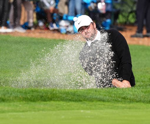 PEBBLE BEACH, CA - FEBRUARY 14: PGA, Golf Herren golfer Chris Gotterup hits a sand shot on the 18th hole on February 14, 2026, during the third round of the PGA AT&T Pebble Beach Pro-Am at the Pebble Beach Golf Links at Pebble Beach, California. (Photo by Brian Spurlock Icon Sportswire) GOLF: FEB 14 PGA AT&T Pebble Beach Pro-Am EDITORIAL USE ONLY Icon26021450