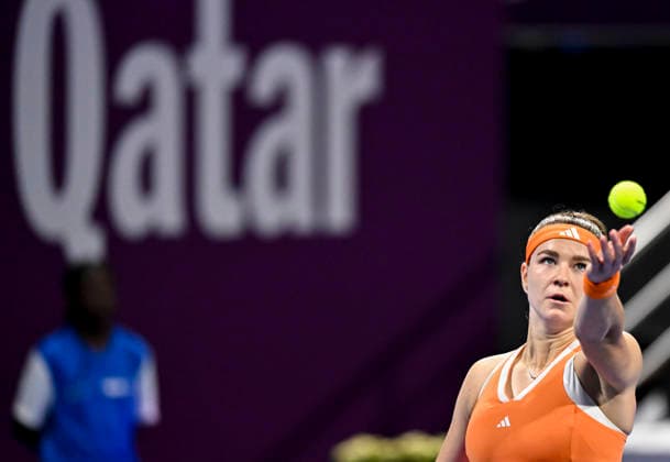 WTA, Tennis Damen QATAR OPEN 2026-SINGLES FINAL Karolina Muchova of the Czech Republic competes in her women s singles final match against Victoria Mboko of Canada during the WTA Qatar TotalEnergies Open 2026 tennis tournament at the Khalifa International Tennis Complex in Doha, Qatar, on February 14, 2026. DOHA Qatar Copyright: xNOUSHADx