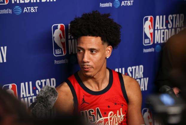 NBA, Basketball Herren, USA All Star 2026 Saturday LOS ANGELES, CA - FEB 14: Jalen Johnson of USA Stars Team of 2026 NBA All Star Game speaks to press during the Media Day event at Intuit Dome, Inglewood, Los Angeles, California, United States on February 14, 2026. Tayfun Coskun Anadolu Los Angeles United States. Editorial use only. Please get in touch for any other usage.  Copyright: x2026xAnadoluxTayfunxCoskunx