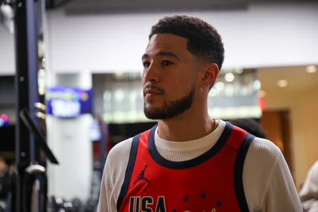 NBA, Basketball Herren, USA All Star 2026 Saturday LOS ANGELES, CA - FEB 14: Devin Booker of USA Stars Team of 2026 NBA All Star Game is seen during the Media Day event at Intuit Dome, Inglewood, Los Angeles, California, United States on February 14, 2026. Tayfun Coskun Anadolu Los Angeles United States. Editorial use only. Please get in touch for any other usage.  Copyright: x2026xAnadoluxTayfunxCoskunx