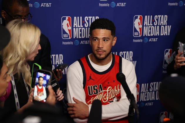 NBA, Basketball Herren, USA All Star 2026 Saturday LOS ANGELES, CA - FEB 14: Devin Booker of USA Stars Team of 2026 NBA All Star Game speaks to press during the Media Day event at Intuit Dome, Inglewood, Los Angeles, California, United States on February 14, 2026. Tayfun Coskun Anadolu Los Angeles United States. Editorial use only. Please get in touch for any other usage.  Copyright: x2026xAnadoluxTayfunxCoskunx