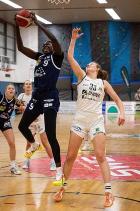 14 02 2026, xovx, Basketball Frauen 2 Bundesliga Nord, Bender Baskets Grünberg Astro Ladies Bochum v l Laura Knaup VfL VIACTIV AstroLadies Bochum , Luisa Popp Bender Baskets Grünberg , Faith Dut VfL VIACTIV AstroLadies Bochum , Hanna Adaszewska Bender Baskets Grünberg Grünberg Sporthalle Theo Koch Schule Hessen Deutschland DE