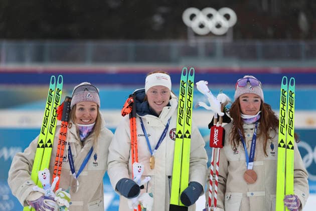 260214 -- ANTERSELVA, Feb. 14, 2026 -- Gold medalist Maren Kirkeeide C of Norway, silver medalist Oceane Michelon L of France and bronze medalist Lou Jeanmonnot of France pose for photos during the awarding ceremony of the biathlon women s 7.5km sprint event at the Milan-Cortina 2026 Olympic Winter games, Winterspiele,Spiele, Summer games in Anterselva, Italy, Feb. 14, 2026. MICO2026ITALY-ANTERSELVA-OLYMPIC WINTER GAMES-BIATHLON-WOMEN S 7.5KM SPRINT ZhangxTao  (MICO2026)ITALY-ANTERSELVA-OLYMPIC WINTER GAMES-BIATHLON-WOMEN S 7.5KM SPRINT IMAGO ZhangxTao  imago images 0847602058