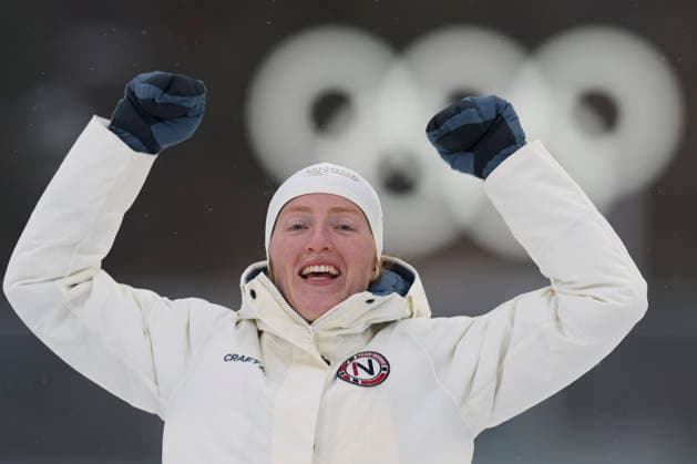 (260215) -- ANTERSELVA, Feb. 15, 2026 -- Gold medalist Maren Kirkeeide of Norway celebrates during the awarding ceremony of the biathlon women s 7.5km sprint event at the Milan-Cortina 2026 Olympic Winter games, Winterspiele,Spiele, Summer games in Anterselva, Italy, Feb. 14, 2026. ) (MICO2026)ITALY-ANTERSELVA-OLYMPIC WINTER GAMES-BIATHLON-WOMEN S 7.5KM SPRINT ZhangxTao 