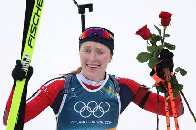 (260215) -- ANTERSELVA, Feb. 15, 2026 -- Gold medalist Maren Kirkeeide of Norway celebrates after crossing the finish line during the biathlon women s 7.5km sprint event at the Milan-Cortina 2026 Olympic Winter games, Winterspiele,Spiele, Summer games in Anterselva, Italy, Feb. 14, 2026. ) (MICO2026)ITALY-ANTERSELVA-OLYMPIC WINTER GAMES-BIATHLON-WOMEN S 7.5KM SPRINT ZhangxTao 