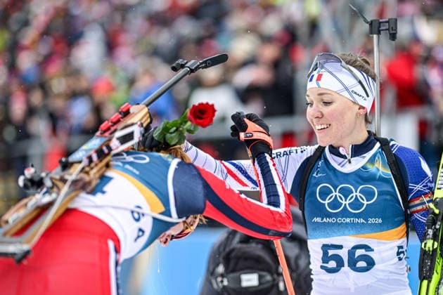 (260215) -- ANTERSELVA, Feb. 15, 2026 -- Silver medalist Oceane Michelon (R) of France celebrates with gold medalist Maren Kirkeeide of Norway after the biathlon women s 7.5km sprint event at the Milan-Cortina 2026 Olympic Winter games, Winterspiele,Spiele, Summer games in Anterselva, Italy, Feb. 14, 2026. ) (MICO2026)ITALY-ANTERSELVA-OLYMPIC WINTER GAMES-BIATHLON-WOMEN S 7.5KM SPRINT JiangxHan 