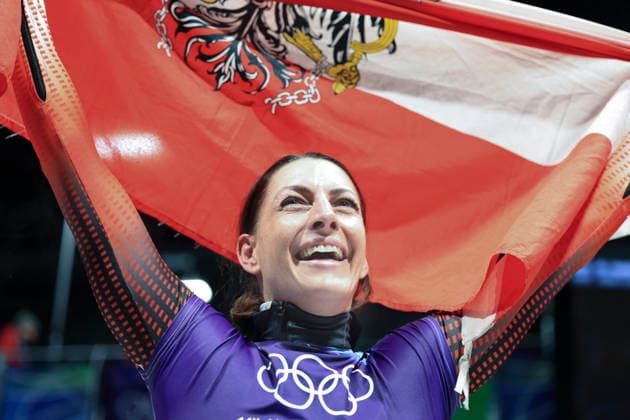 (260215) -- CORTINA D AMPEZZO, Feb. 15, 2026 -- Gold medalist Janine Flock of Austria reacts after the skeleton women s heat at the Milan-Cortina 2026 Olympic Winter games, Winterspiele,Spiele, Summer games in Cortina, Italy, Feb. 14, 2026. ) (MICO2026)ITALY-CORTINA D AMPEZZO-OLYMPIC WINTER GAMES-SKELETON-WOMEN DingxXu 