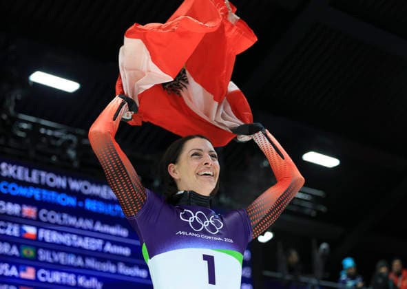 (260215) -- CORTINA D AMPEZZO, Feb. 15, 2026 -- Gold medalist Janine Flock of Austria reacts after the skeleton women s heat at the Milan-Cortina 2026 Olympic Winter games, Winterspiele,Spiele, Summer games in Cortina, Italy, Feb. 14, 2026. ) (MICO2026)ITALY-CORTINA D AMPEZZO-OLYMPIC WINTER GAMES-SKELETON-WOMEN DingxXu 