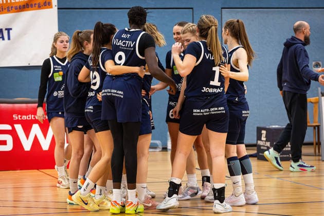 14 02 2026, xovx, Basketball Frauen 2 Bundesliga Nord, Bender Baskets Grünberg Astro Ladies Bochum Cheers from the players of VfL VIACTIV AstroLadies Bochum after the 68 65 victory in Grünberg Grünberg Sporthalle Theo Koch Schule Hessen Germany EN