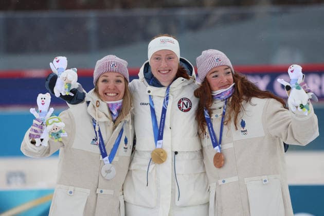 Winter Olympics - France Wins Silver And Bronze At Women s Biathlon 7,5km Sprint Oceane MICHELON (FRA), Maren KIRKEEIDE (NOR), Lou JEANMONNOT (FRA), during Biathlon Women s 7.5km Sprint, during Olympic Games, Olympische Spiele, Olympia, OS Milan Cortina 2026, Anterselva, Italy, February 14, 2026. Photo by Felice Calabro IPA ABACAPRESS.COM Cortina d Ampezzo Bolzano Italy  Copyright: xIPA ABACAx