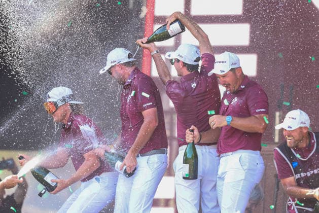 LIV GOLF ADELAIDE, Cameron Smith, Marc Leishman, Elvis Smyle and Lucas Herbert of Ripper GC celebrate victory during Round 4 of the LIV Golf Adelaide at The Grange Golf Club in Adelaide, Sunday, February 15, 2026. ( NO ARCHIVING, EDITORIAL USE ONLY ADELAIDE SA AUSTRALIA  Copyright: xMATTxTURNERx 20260215151815273512