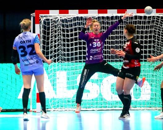 Goalkeeper Helen van Beurden Flames Handball Women 1 Bundesliga 2025 26 BSV Sachsen Zwickau HSG Bensheim Auerbach Flames 22 37 on 14 2 2026 in the Sparkassen Arena Zwickau BSV Sachsen Zwickau HSG Bensheim Auerbach