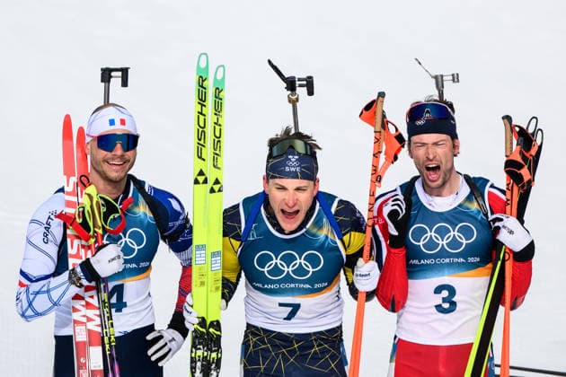 260215 Bronze medalist Emilien Jacquelin of France, gold medalist Martin Ponsiluoma of Sweden and silver medalist Sturla Holm Laegreid of Norway celebrate in men s biathlon 12,5 km pursuit during day 9 of the 2026 Winter Olympics on February 15, 2026 in Anterselva. Photo: Mathias Bergeld BILDBYRAN kod MB MB1329 skidskytte biathlon skiskyting Olympic Games, Olympische Spiele, Olympia, OS olympics winter olympics os ol olympiska spel vinter-os olympiske leker milano cortina 2026 milan cortina 2026 milano cortina 2026 olympic games milano cortina 2026 winter olympic games milano cortina-os milano cortina-ol vinter-ol 9 bbeng pursuit jaktstart jubel *** 260215 Bronze medalist Emilien Jacquelin of France, gold medalist Martin Ponsiluoma of Sweden and silver medalist Sturla Holm Laegreid of Norway celebrate in men s biathlon 12,5 km pursuit during day 9 of the 2026 Winter Olympics on February 15, 2026 in Anterselva Photo Mathias Bergeld BILDBYRAN code MB MB1329 biathlon biathlon olympic games olympics olympics winter olympics os ol olympiska spel vinter os olympiske leker milano cortina 2026 milan cortina 2026 milano cortina 2026 olympic games milano cortina 2026 winter olympic games milano cortina os milano cortina ol winter ol 9 bbeng pursuit jaktstart jubel  Copyright: MATHIASxBERGELD BB260215MB034