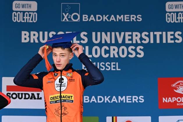 Belgian Giel Lejeune pictured on the podium after the men junior race of the Brussels Universities cyclocross cycling event, stage 8 8 in the X20 Badkamers Trofee competition, Sunday 15 February 2026 in Brussels, Belgium. MAARTENxSTRAETEMANS  x163570452x
