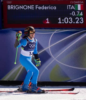 February 15, 2026, Cortina D ampezzo, Belluno, Italy: Italian Federica BRIGNONE reacts to her time in first place at the WomenÃ¢â‚¬â ¢s Giant Slalom Run 1 at this Milano Cortina 2026 Olympics. Cortina D ampezzo Italy - ZUMAa35_ 20260215_oly_a35_014 Copyright: xDanielxA.xAndersonx