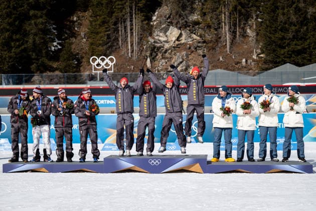 260215 Silver medalists Christoph Sumann, Daniel Mesotitsch, Simon Eder and Dominik Landertinger of Austria, Gold medalists Erik Lesser, Daniel Boehm, Arnd Peiffer and Simon Schempp of Germany and Bronze medalists Tarjei Bo, Johannes Thingnes Bo, Ole Einar Bjorndalen and Emil Hegle Svendsen of Norway on the podium during a retroactive medal ceremony for the Sochi 2014 Winter Olympics, Biathlon, men 4x7.5km relay during day 9 of the 2026 Winter Olympics on February 15, 2026 in Anterselva. Photo: Jon Olav Nesvold BILDBYRAN COP 217 MB1329 skidskytte biathlon skiskyting Olympic Games, Olympische Spiele, Olympia, OS olympics winter olympics os ol olympiska spel vinter-os olympiske leker milano cortina 2026 milan cortina 2026 milano cortina 2026 olympic games milano cortina 2026 winter olympic games milano cortina-os milano cortina-ol vinter-ol 9 bbeng pursuit jaktstart *** 260215 Silver medalists Christoph Sumann, Daniel Mesotitsch, Simon Eder and Dominik Landertinger of Austria, Gold medalists Erik Lesser, Daniel Boehm, Arnd Peiffer and Simon Schempp of Germany and Bronze medalists Tarjei Bo, Johannes Thingnes Bo, Ole Einar Bjorndalen and Emil Hegle Svendsen of Norway on the podium during a retroactive medal ceremony for the Sochi 2014 Winter Olympics, Biathlon, men 4x7 5km relay during day 9 of the 2026 Winter Olympics on February 15, 2026 in Anterselva Photo Jon Olav Nesvold BILDBYRAN COP 217 MB1329 biathlon biathlon olympic games olympics winter olympics os ol olympiska spel vinter os olympiske leker milano cortina 2026 milan cortina 2026 milano cortina 2026 olympic games milano cortina 2026 winter olympic games milano cortina os milano cortina ol vinter ol 9 bbeng pursuit jaktstart  Copyright: JONxOLAVxNESVOLD BB260215JE074