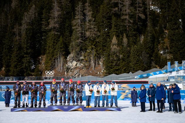 260215 Silver medalists Christoph Sumann, Daniel Mesotitsch, Simon Eder and Dominik Landertinger of Austria, Gold medalists Erik Lesser, Daniel Boehm, Arnd Peiffer and Simon Schempp of Germany and Bronze medalists Tarjei Bo, Johannes Thingnes Bo, Ole Einar Bjorndalen and Emil Hegle Svendsen of Norway on the podium during a retroactive medal ceremony for the Sochi 2014 Winter Olympics, Biathlon, men 4x7.5km relay during day 9 of the 2026 Winter Olympics on February 15, 2026 in Anterselva. Photo: Jon Olav Nesvold BILDBYRAN COP 217 MB1329 skidskytte biathlon skiskyting Olympic Games, Olympische Spiele, Olympia, OS olympics winter olympics os ol olympiska spel vinter-os olympiske leker milano cortina 2026 milan cortina 2026 milano cortina 2026 olympic games milano cortina 2026 winter olympic games milano cortina-os milano cortina-ol vinter-ol 9 bbeng pursuit jaktstart *** 260215 Silver medalists Christoph Sumann, Daniel Mesotitsch, Simon Eder and Dominik Landertinger of Austria, Gold medalists Erik Lesser, Daniel Boehm, Arnd Peiffer and Simon Schempp of Germany and Bronze medalists Tarjei Bo, Johannes Thingnes Bo, Ole Einar Bjorndalen and Emil Hegle Svendsen of Norway on the podium during a retroactive medal ceremony for the Sochi 2014 Winter Olympics, Biathlon, men 4x7 5km relay during day 9 of the 2026 Winter Olympics on February 15, 2026 in Anterselva Photo Jon Olav Nesvold BILDBYRAN COP 217 MB1329 biathlon biathlon olympic games olympics winter olympics os ol olympiska spel vinter os olympiske leker milano cortina 2026 milan cortina 2026 milano cortina 2026 olympic games milano cortina 2026 winter olympic games milano cortina os milano cortina ol vinter ol 9 bbeng pursuit jaktstart  Copyright: JONxOLAVxNESVOLD BB260215JE091