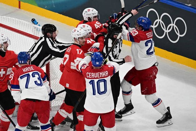 XXV Winter Olympic Games, Olympische Spiele, Olympia, OS in Milan, Italy, on February 15, 2026. Men s Ice hockey, Eishockey Group A, Switzerland vs Czech Republic. From left: Ondrej Kase (CZE; 73), Ken Jager (SUI), Roman Cervenka (CZE), Michael Fora (SUI) and Lukas Sedlak (CZE). (CTKxPhoto MichalxKamaryt) CTKPhotoP2026021503138  CTKPhotoP2026021503138