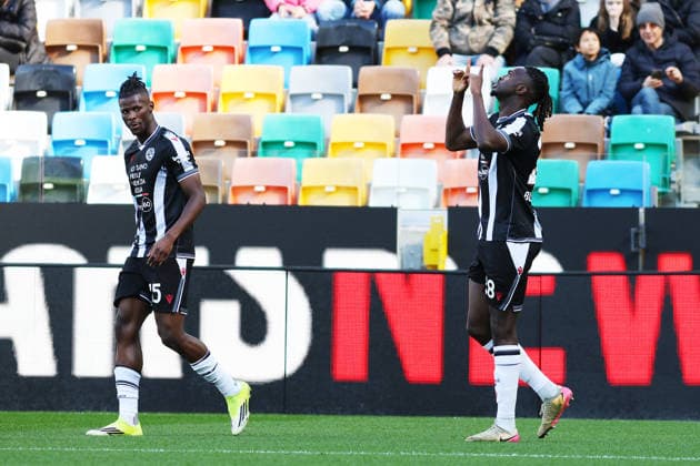 Udinese s Oumar Solet celebrates after scoring the 1-0 goal for his team during the Serie A soccer match between Udinese and Sassuolo at the Bluenergy Stadium in Udine, north east Italy - Sunday, February 15,2026 - soccer  Copyright: xAndreaxBressanutti LaPressex