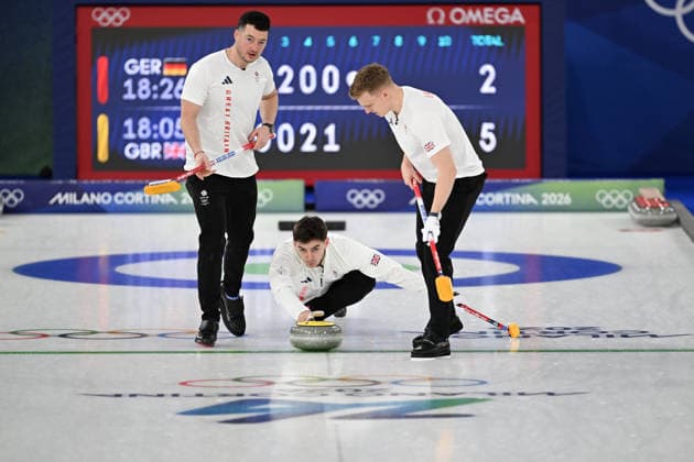 (260215) -- CORTINA D AMPEZZO, Feb. 15, 2026 -- Grant Hardie (C) of Britain competes during the curling men round robin session 6 match between Germany and Britain at the 2026 Milan-Cortina Winter Olympics in Cortina, Italy, Feb. 15, 2026. ) (MICO2026)ITALY-CORTINA D AMPEZZO-OLYMPIC Winter games, Winterspiele,Spiele, Summer games CURLING-MEN-ROUND ROBIN-GER VS GBR LianxYi 