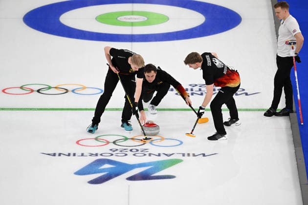 (260215) -- CORTINA D AMPEZZO, Feb. 15, 2026 -- Marc Muskatewitz (2nd L) of Germany competes during the curling men round robin session 6 match between Germany and Britain at the 2026 Milan-Cortina Winter Olympics in Cortina, Italy, Feb. 15, 2026. ) (MICO2026)ITALY-CORTINA D AMPEZZO-OLYMPIC Winter games, Winterspiele,Spiele, Summer games CURLING-MEN-ROUND ROBIN-GER VS GBR LianxYi 