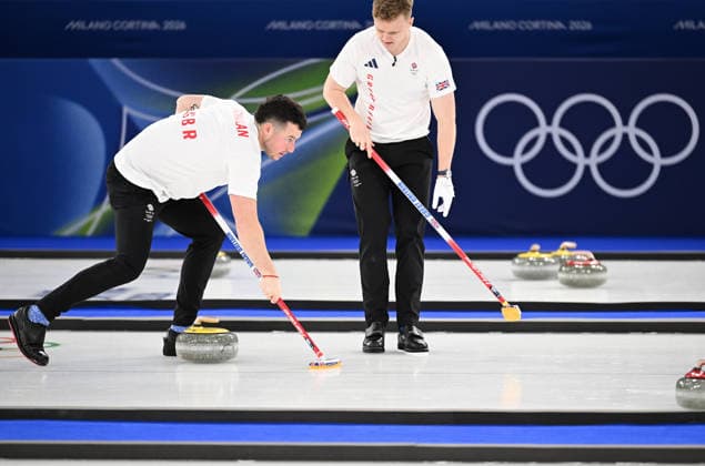 (260215) -- CORTINA D AMPEZZO, Feb. 15, 2026 -- Hammy McMillan (L) of Britain competes during the curling men round robin session 6 match between Germany and Britain at the 2026 Milan-Cortina Winter Olympics in Cortina, Italy, Feb. 15, 2026. ) (MICO2026)ITALY-CORTINA D AMPEZZO-OLYMPIC Winter games, Winterspiele,Spiele, Summer games CURLING-MEN-ROUND ROBIN-GER VS GBR LianxYi 