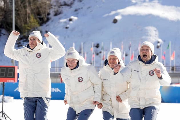 Winter Olympics in Milan Cortina 2026 Val di Fiemme, Italy 20260215. Emil Iversen, Martin Lowstrom Nyenget, Einar Hedegart and Johannes Hosflot Klaebo from Norway on the podium after the men s cross-country 4 x 7.5 km relay at Tesero CC-Stadium during the Winter Olympics in Milan Cortina 2026. Photo: Terje Pedersen NTB Val di Fiemme Italy EDITORIAL USE ONLY. RESTRICTED USE FOR BETTING COMPANIES Ref:_SPOll_WG4fuPQw.jpg *** Winter Olympics in Milan Cortina 2026 Val di Fiemme, Italy 20260215 Emil Iversen, Martin Lowstrom Nyenget, Einar Hedegart and Johannes Hosflot Klaebo from Norway on the podium after the men s cross country 4 x 7 5 km relay at Tesero CC Stadium during the Winter Olympics in Milan Cortina 2026 Photo Terje Pedersen NTB Val di Fiemme Italy EDITORIAL USE ONLY RESTRICTED USE FOR BETTING COMPANIES  Copyright: xTerjexPedersenx xNTBx