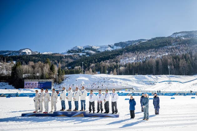 260215 Federico Pellegrino, Martino Carollo, Elia Barp and Davide Graz of Italy, Emil Iversen, Martin Lowstrom Nyenget, Einar Hedegart and Johannes Hosflot Klaebo of Norway and Theo Schely, Hugo Lapalus, Mathis Desloges, Victor Lovera and Victor Lovera of France celebrate on the podium after the men s 4 x 7.5km relay cross-country skiing race during day 9 of the 2026 Winter Olympics on February 15, 2026 in Val di Fiemme. Photo: Maxim Thore BILDBYRAN kod MT MT0983 skidor cross-country skiing langrenn Olympic Games, Olympische Spiele, Olympia, OS olympics winter olympics os ol olympiska spel vinter-os olympiske leker milano cortina 2026 milan cortina 2026 milano cortina 2026 olympic games milano cortina 2026 winter olympic games milano cortina-os milano cortina-ol vinter-ol 9 bbeng herr stafett italien jubel frankrike norge *** 260215 Federico Pellegrino, Martino Carollo, Elia Barp and Davide Graz of Italy, Emil Iversen, Martin Lowstrom Nyenget, Einar Hedegart and Johannes Hosflot Klaebo of Norway and Theo Schely, Hugo Lapalus, Mathis Desloges, Victor Lovera and Victor Lovera of France celebrate on the podium after the men s 4 x 7 5km relay cross country skiing race during day 9 of the 2026 Winter Olympics on February 15, 2026 in Val di Fiemme Photo Maxim Thore BILDBYRAN code MT MT0983 skiing cross country skiing cross country olympic games olympics winter olympics os ol olympic games winter os olympic games milano cortina 2026 milan cortina 2026 milano cortina 2026 olympic games milano cortina 2026 winter olympic games milano cortina os milano cortina ol winter ol 9 bbeng mens relay italy cheer france norway  Copyright: MAXIMxTHORE BB260215MT089