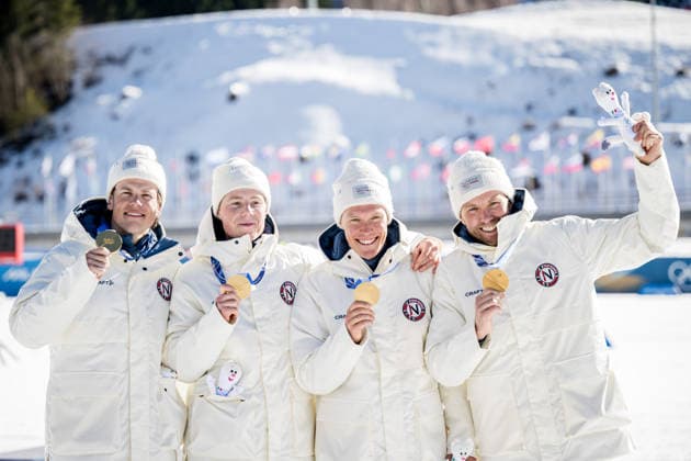 260215 Emil Iversen, Martin Lowstrom Nyenget, Einar Hedegart and Johannes Hosflot Klaebo of Norway celebrate on the podium after the men s 4 x 7.5km relay cross-country skiing race during day 9 of the 2026 Winter Olympics on February 15, 2026 in Val di Fiemme. Photo: Maxim Thore BILDBYRAN kod MT MT0983 skidor cross-country skiing langrenn Olympic Games, Olympische Spiele, Olympia, OS olympics winter olympics os ol olympiska spel vinter-os olympiske leker milano cortina 2026 milan cortina 2026 milano cortina 2026 olympic games milano cortina 2026 winter olympic games milano cortina-os milano cortina-ol vinter-ol 9 bbeng herr stafett norge jubel *** 260215 Emil Iversen, Martin Lowstrom Nyenget, Einar Hedegart and Johannes Hosflot Klaebo of Norway celebrate on the podium after the men s 4 x 7 5km relay cross country skiing race during day 9 of the 2026 Winter Olympics on February 15, 2026 in Val di Fiemme Photo Maxim Thore BILDBYRAN kod MT MT0983 skidor cross country skiing langrenn olympic games olympics winter olympics os ol olympiska spel vinter os olympiske leker milano cortina 2026 milan cortina 2026 milano cortina 2026 olympic games milano cortina 2026 winter olympic games milano cortina os milano cortina ol vinter ol 9 bbeng herr stafett norge jubel  Copyright: MAXIMxTHORE BB260215MT094