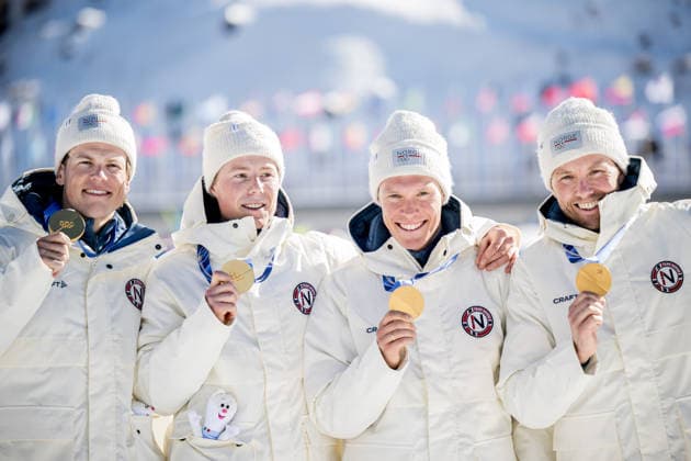 260215 Emil Iversen, Martin Lowstrom Nyenget, Einar Hedegart and Johannes Hosflot Klaebo of Norway celebrate on the podium after the men s 4 x 7.5km relay cross-country skiing race during day 9 of the 2026 Winter Olympics on February 15, 2026 in Val di Fiemme. Photo: Maxim Thore BILDBYRAN kod MT MT0983 skidor cross-country skiing langrenn Olympic Games, Olympische Spiele, Olympia, OS olympics winter olympics os ol olympiska spel vinter-os olympiske leker milano cortina 2026 milan cortina 2026 milano cortina 2026 olympic games milano cortina 2026 winter olympic games milano cortina-os milano cortina-ol vinter-ol 9 bbeng herr stafett norge jubel *** 260215 Emil Iversen, Martin Lowstrom Nyenget, Einar Hedegart and Johannes Hosflot Klaebo of Norway celebrate on the podium after the men s 4 x 7 5km relay cross country skiing race during day 9 of the 2026 Winter Olympics on February 15, 2026 in Val di Fiemme Photo Maxim Thore BILDBYRAN kod MT MT0983 skidor cross country skiing langrenn olympic games olympics winter olympics os ol olympiska spel vinter os olympiske leker milano cortina 2026 milan cortina 2026 milano cortina 2026 olympic games milano cortina 2026 winter olympic games milano cortina os milano cortina ol vinter ol 9 bbeng herr stafett norge jubel  Copyright: MAXIMxTHORE BB260215MT095