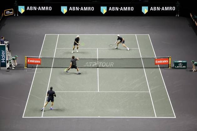 ROTTERDAM - Ray Ho (Taiwan) and Hendrik Jebens (Germany) compete against Simone Bolelli and Andrea Vavassori (Italy) during the doubles final on the final day of the ABN AMRO tennis tournament in Ahoy Rotterdam. BAS CZERWINSKI ANP xVIxANPxSportx xxANPxIVx 550782306 originalFilename: 550782306.jpg