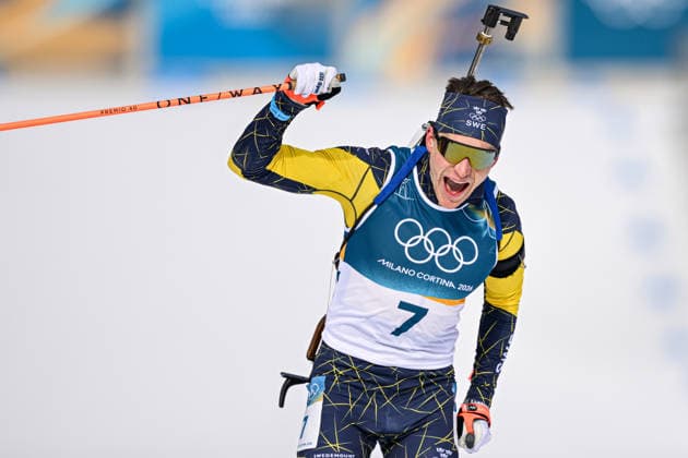 (260215) -- ANTERSELVA, Feb. 15, 2026 -- Martin Ponsiluoma of Sweden celebrates after the biathlon Men s 12.5km Pursuit at the 2026 Milan-Cortina Winter Olympics in Anterselva, Italy, Feb. 15, 2026. ) (MICO2026)ITALY-ANTERSELVA-OLYMPIC Winter games, Winterspiele,Spiele, Summer games BIATHLON-MEN S 12.5KM PURSUIT JiangxHan 