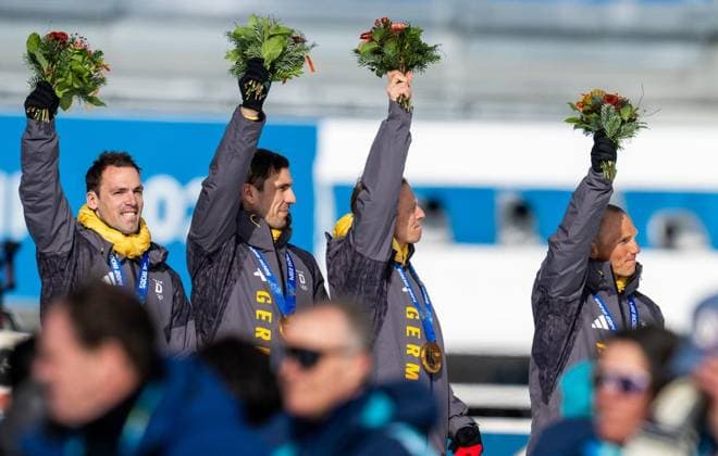 MILANO CORTINA 2026 - OLYMPISCHE WINTERSPIELE - ANTERSELVA - BIATHLON - VERFOLGUNG 12,5KM VERFOLGUNG MÄNNER ** NUR FÜR REDAKTIONELLE ZWECKE ** EDITORIAL USE ONLY **<p>15 02 2026-Anterselva: Olympische Winterspiele Milano Cortina 2026 Biathlon Anterselva Biathlon Arena - Antholz im Foto: Die deutsche Biathlon-Staffel der Olympischen Winterspiele 2014 in Sotschi mit v.l.: Simon Schempp, Arnd Peiffer, Daniel Böhm und Erik Lesser durfte sich im Nachhinein über die Goldmedaille freuen. Der Olympiasieg wurde Deutschland nachträglich zugesprochen, nachdem Russland in einem langjährigen Dopingverfahren disqualifiziert worden war. ( Italien Venetien Cortina d™Ampezzo Copyright: SaschaxFromm *** MILANO CORTINA 2026 OLYMPIC WINTER GAMES ANTERSELVA BIATHLON TRACKING 12.5KM TRACKING MEN FOR EDITORIAL PURPOSES ONLY EDITORIAL USE ONLY p 15 02 2026 Anterselva Olympic Winter Games Milano Cortina 2026 Biathlon Anterselva Biathlon Arena Antholz in photo The German biathlon relay team at the 2014 Winter Olympics in Sochi with f l Simon Schempp, Arnd Peiffer, Daniel Böhm and Erik Lesser were delighted with the gold medal in retrospect The Olympic victory was awarded to Germany retrospectively after Russia was disqualified in a long-running doping case Italy Veneto Cortina d™Ampezzo Copyright SaschaxFromm Copyright: SaschaxFromm doc84l4pq2oq6o587w3oaw ,EDITORIAL USE ONLY