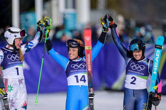 260215 Thea Louise Stjernesund of Norway, Federica Brignone of Italy and Sara Hector of Sweden celebrate after competing in women s alpine skiing giant slalom during day 9 of the 2026 Winter Olympics on February 15, 2026 in Cortina. Photo: Joel Marklund BILDBYRAN kod JM JM0793 bbeng alpint alpine skiing Olympic Games, Olympische Spiele, Olympia, OS olympics winter olympics os ol olympiska spel vinter-os olympiske leker milano cortina 2026 milan cortina 2026 milano cortina 2026 olympic games milano cortina 2026 winter olympic games milano cortina-os milano cortina-ol vinter-ol giant slalom storslalom storslalam dam italien sverige jubel norge *** 260215 Thea Louise Stjernesund of Norway, Federica Brignone of Italy and Sara Hector of Sweden celebrate after competing in women s alpine skiing giant slalom during day 9 of the 2026 Winter Olympics on February 15, 2026 in Cortina Photo Joel Marklund BILDBYRAN kod JM JM0793 bbeng alpine alpine skiing olympic games olympics winter olympics os ol olympiska spel vinter os olympiske leker milano cortina 2026 milan cortina 2026 milano cortina 2026 olympic games milano cortina 2026 winter olympic games milano cortina os milano cortina ol vinter ol giant slalom storslalom storslalam dam italien sverige jubel norge  Copyright: JOELxMARKLUND BB260215JM149