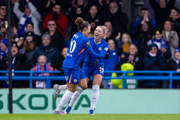 Football - FA Women™s Super League - Chelsea FC Women v Liverpool FC Women LONDON, ENGLAND - Sunday, February 15, 2026: Chelsea s Lauren James celebrates with team-mate Chelsea s Johanna Rytting Kaneryd (R) after scoring the second goal during the FA Women™s Super League match between Chelsea FC Women and Liverpool FC Women at Kingsmeadow. (Photo by David Rawcliffe Propaganda) KINGSTON-UPON-THAMES Kingsmeadow GREATER LONDON ENGLAND  Copyright: xPropagandax P2026-02-15-Chelsea_W_Liverpool_W-130