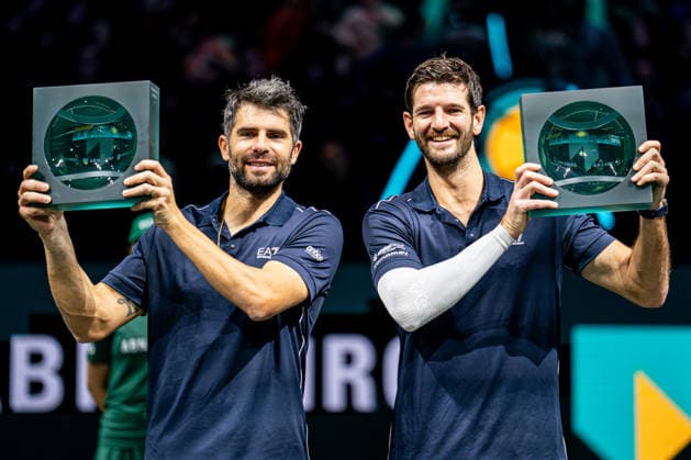 2026-02-15 ABN AMRO Open - Day Seven ROTTERDAM, NETHERLANDS - FEBRUARY 15: Simone Bolelli, Andrea Vavassori pose with their trophies after winning the ABN AMRO Open 2026 Double trophy during Day Seven of the ABN AMRO Open at Rotterdam Ahoy on February 15, 2026 in Rotterdam, Netherlands. (Photo by Gabriel Calvino Alonso BSR Agency) Rotterdam Netherlands Content not available for redistribution in The Netherlands directly or indirectly through any third parties. Copyright: xBSRxAgencyx