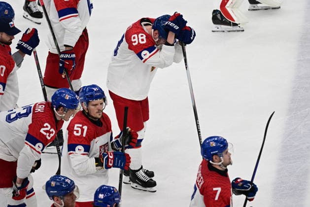 XXV Winter Olympic Games, Olympische Spiele, Olympia, OS in Milan, Italy, on February 15, 2026. Men s Ice hockey, Eishockey Group A, Switzerland vs Czech Republic. Disappointed Czech players after lost match, from left: Lukas Sedlak, Radim Simek, Martin Necas and David Spacek. (CTKxPhoto MichalxKamaryt) CTKPhotoP2026021504519  CTKPhotoP2026021504519