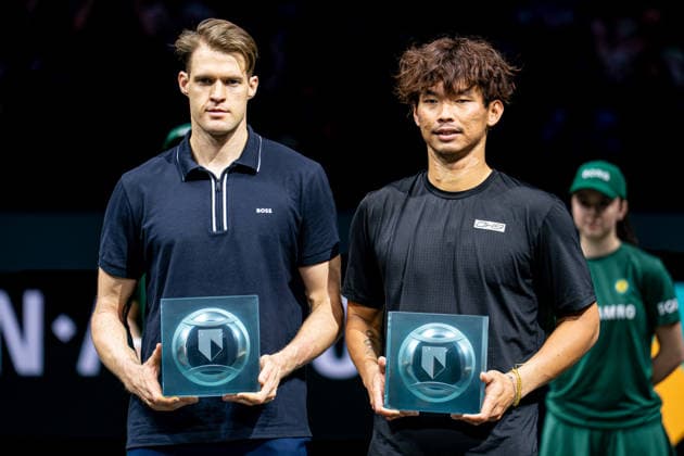 2026-02-15 ABN AMRO Open - Day Seven ROTTERDAM, NETHERLANDS - FEBRUARY 15: Hendrik Jebens, Ray Ho posing with their second place trophies during Day Seven of the ABN AMRO Open at Rotterdam Ahoy on February 15, 2026 in Rotterdam, Netherlands. (Photo by Gabriel Calvino Alonso BSR Agency) Rotterdam Netherlands Content not available for redistribution in The Netherlands directly or indirectly through any third parties. Copyright: xBSRxAgencyx