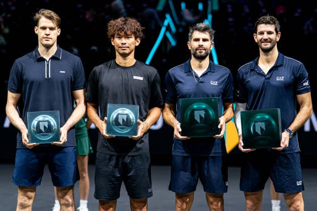 2026-02-15 ABN AMRO Open - Day Seven ROTTERDAM, NETHERLANDS - FEBRUARY 15: Hendrik Jebens, Ray Ho, Simone Bolelli, Andrea Vavassori posing with their trophies during Day Seven of the ABN AMRO Open at Rotterdam Ahoy on February 15, 2026 in Rotterdam, Netherlands. (Photo by Gabriel Calvino Alonso BSR Agency) Rotterdam Netherlands Content not available for redistribution in The Netherlands directly or indirectly through any third parties. Copyright: xBSRxAgencyx