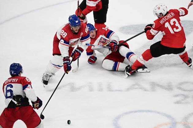 XXV Winter Olympic Games, Olympische Spiele, Olympia, OS in Milan, Italy, on February 15, 2026. Men s Ice hockey, Eishockey Group A, Switzerland vs Czech Republic. From left: Michal Kempny (CZE), David Pastrnak (CZE), David Kampf (CZE) and Nico Hischier (SUI). (CTKxPhoto MichalxKamaryt) CTKPhotoP2026021504675  CTKPhotoP2026021504675