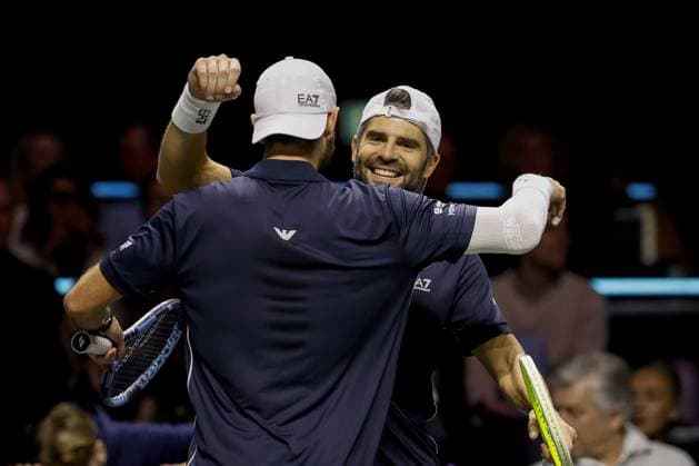 ROTTERDAM - Simone Bolelli and Andrea Vavassori (Italy) compete against Ray Ho (Taiwan) and Hendrik Jebens (Germany) during the doubles final on the final day of the ABN AMRO tennis tournament in Ahoy Rotterdam. BAS CZERWINSKI ANP xVIxANPxSportx xxANPxIVx 550787705 originalFilename: 550787705.jpg